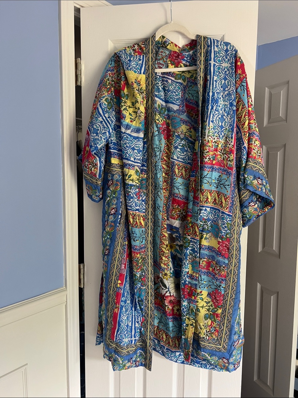 Johnny was long Colorful Floral Patchwork Kimono Jacket - Blue & Yellow